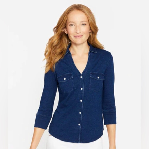 J. McLaughlin Brynn Top Button Down Knit Jersey Chambray Dark Blue Medium - Picture 1 of 6
